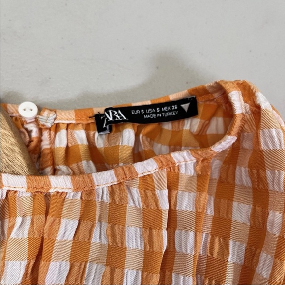 Zara Women's‎ S Orange Gingham Puff Sleeve Crop Top Boho Cottagecore Blouse - Picture 4 of 7